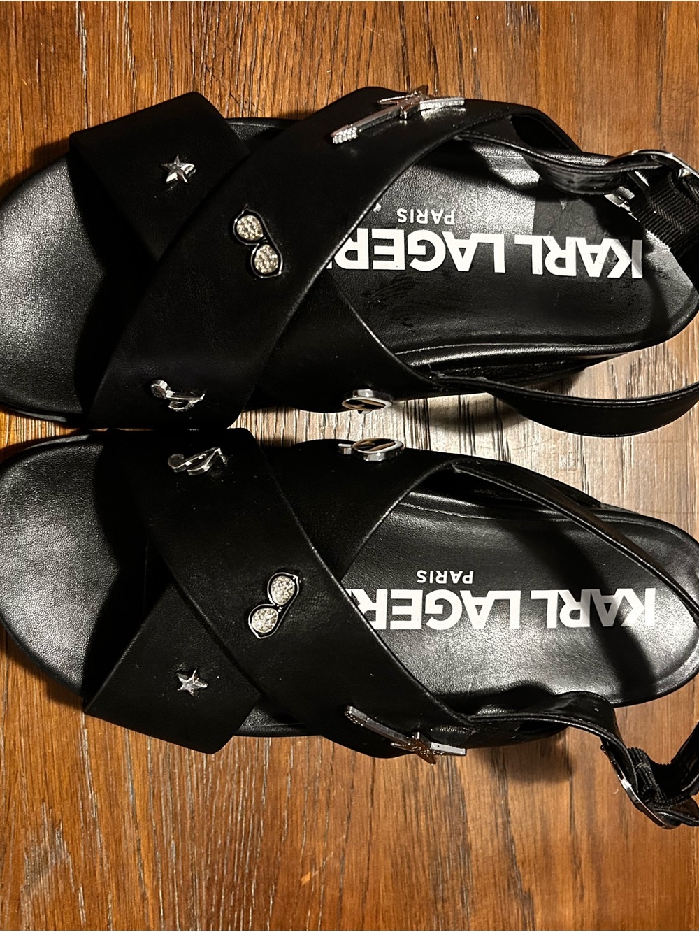 Karl Lagerfeld Black Leather Cross-Strap Sandals with Silver Charms